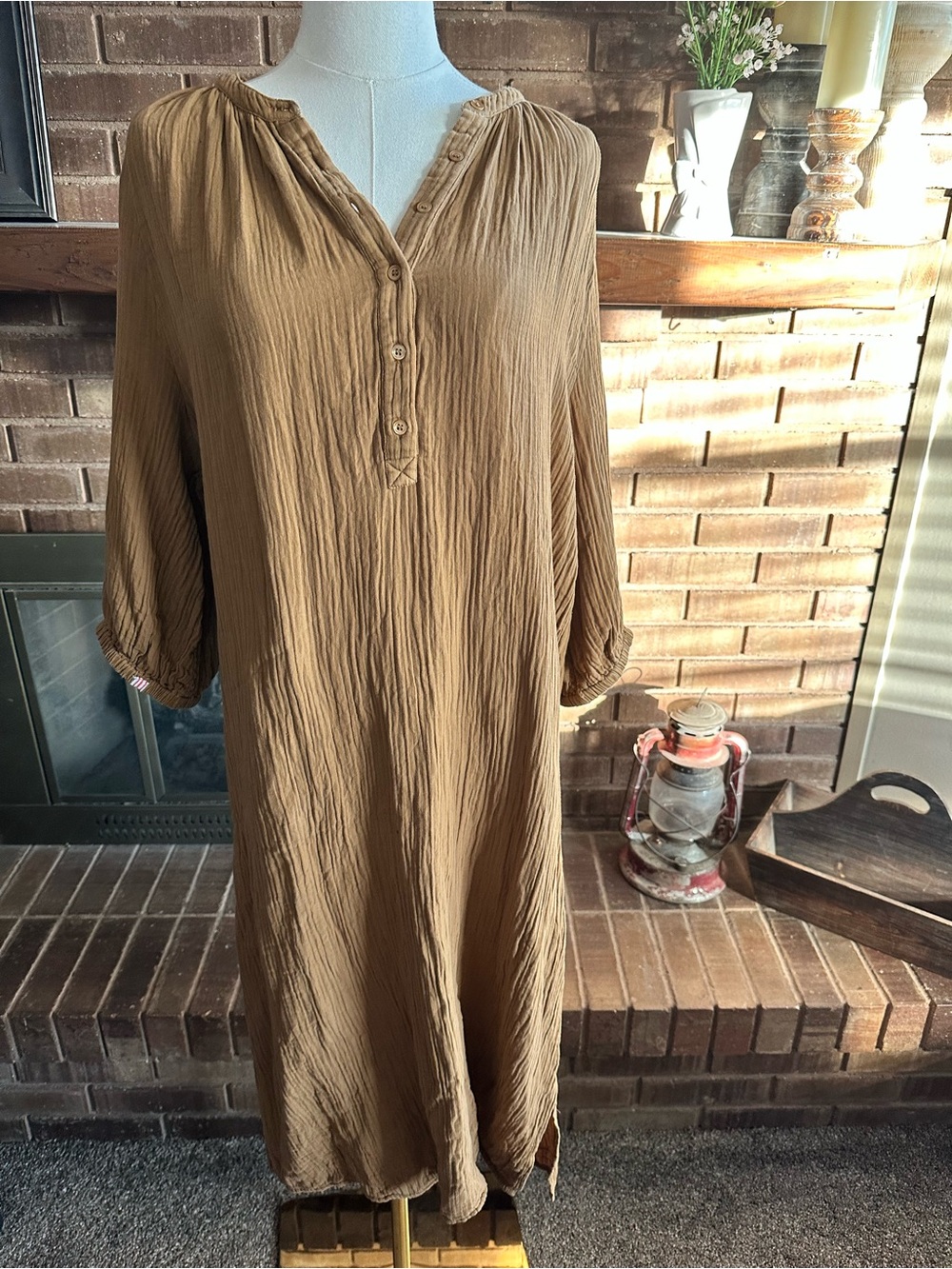 SUNDRY Brown Crinkle Cotton Gauze Henley Midi Dress Size 1 / S
